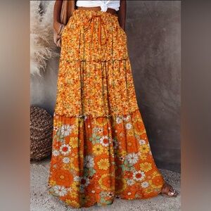 Boho Floral Tiered Western Hippie Maxi Skirt size M